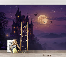 Load image into Gallery viewer, Enchanted Moonlit Castle Panoramic Wallpaper, Mystical Fantasy Castle Wall Mural, Twilight Castle decor, Magical, Wisteria Fantasy Decor