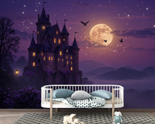 Load image into Gallery viewer, Enchanted Moonlit Castle Panoramic Wallpaper, Mystical Fantasy Castle Wall Mural, Twilight Castle decor, Magical, Wisteria Fantasy Decor