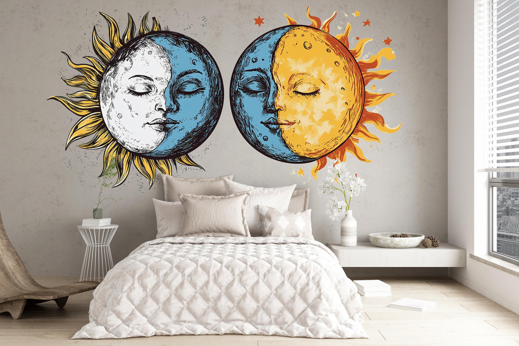 Sun Moon Wall Decal Set, Celestial Wall Sticker, Boho Bedroom Wall Art, Astrology Decor, Mystic Sun Moon Mural, Lunar Solar Decor, 181gm