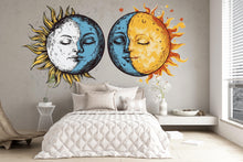 Load image into Gallery viewer, Sun Moon Wall Decal Set, Celestial Wall Sticker, Boho Bedroom Wall Art, Astrology Decor, Mystic Sun Moon Mural, Lunar Solar Decor, 181gm