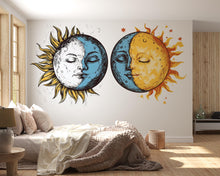 Load image into Gallery viewer, Sun Moon Wall Decal Set, Celestial Wall Sticker, Boho Bedroom Wall Art, Astrology Decor, Mystic Sun Moon Mural, Lunar Solar Decor, 181gm