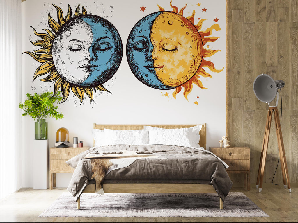 Sun Moon Wall Decal Set, Celestial Wall Sticker, Boho Bedroom Wall Art, Astrology Decor, Mystic Sun Moon Mural, Lunar Solar Decor, 181gm