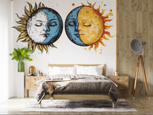 Load image into Gallery viewer, Sun Moon Wall Decal Set, Celestial Wall Sticker, Boho Bedroom Wall Art, Astrology Decor, Mystic Sun Moon Mural, Lunar Solar Decor, 181gm