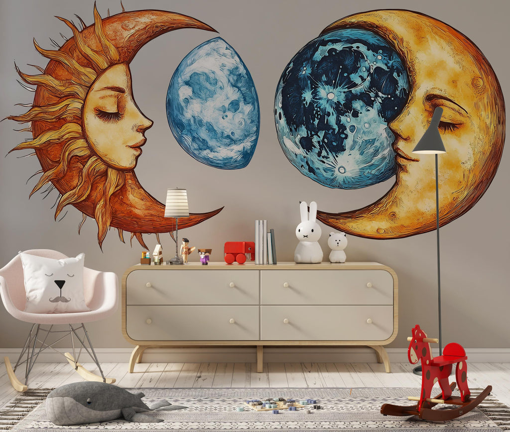 Sun Moon Wall Decal Set, Celestial Wall Sticker, Boho Wall Art, Astrology Decor, Mystic Moon Sun Mural, Cosmic Bedroom Decor, 182gm
