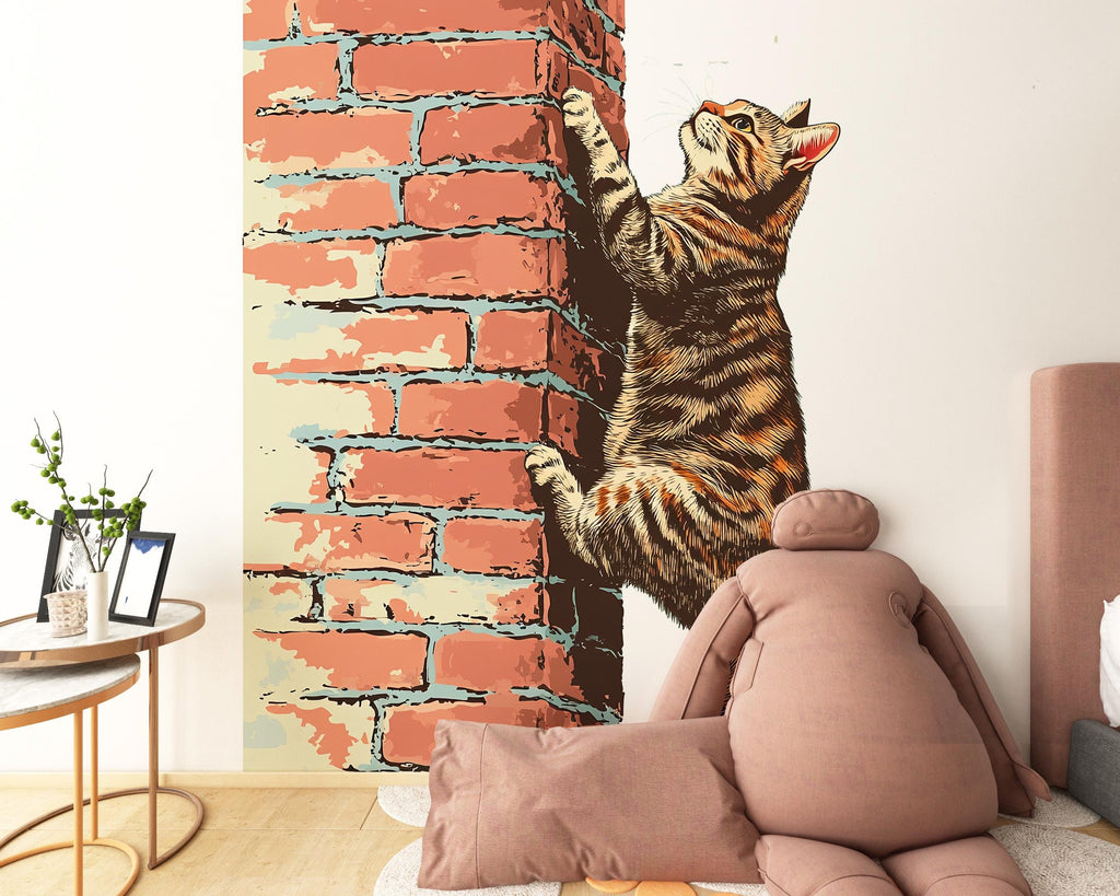 Climbing Cat Wall Decal, Brick Wall Cat Sticker, Cute Kitty Wall Art, Kids Room Decor, Nursery Wall Mural, Pet Lover Gift, 186gm