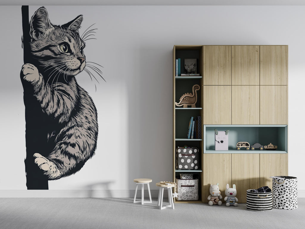 Peeking Cat Wall Decal, Black White Cat Sticker, Cute Kitty Wall Art, Kids Room Decor, Nursery Wall Mural, Pet Lover Gift, 189gm