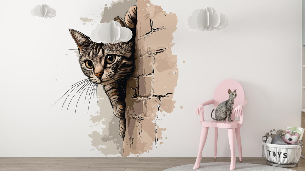 Peeking Cat Wall Decal, Cat Wall Sticker, Cute Kitty Wall Art, Bedroom Decor, Nursery Wall Mural, Pet Lover Gift, 190gm
