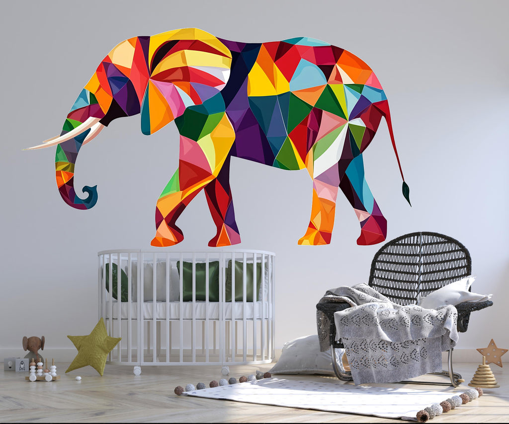 Geometric Elephant Wall Decal, Colorful Elephant Sticker, Safari Nursery Wall Art, Kids Room Animal Decor, Jungle Wall Mural, 196gm