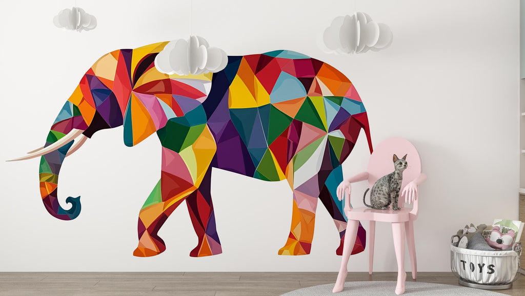 Geometric Elephant Wall Decal, Colorful Elephant Sticker, Safari Nursery Wall Art, Kids Room Animal Decor, Jungle Wall Mural, 196gm