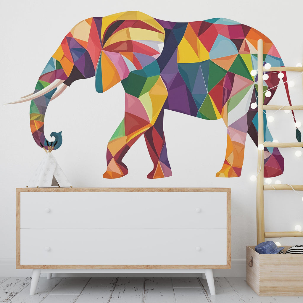 Geometric Elephant Wall Decal, Colorful Elephant Sticker, Safari Nursery Wall Art, Kids Room Animal Decor, Jungle Wall Mural, 196gm