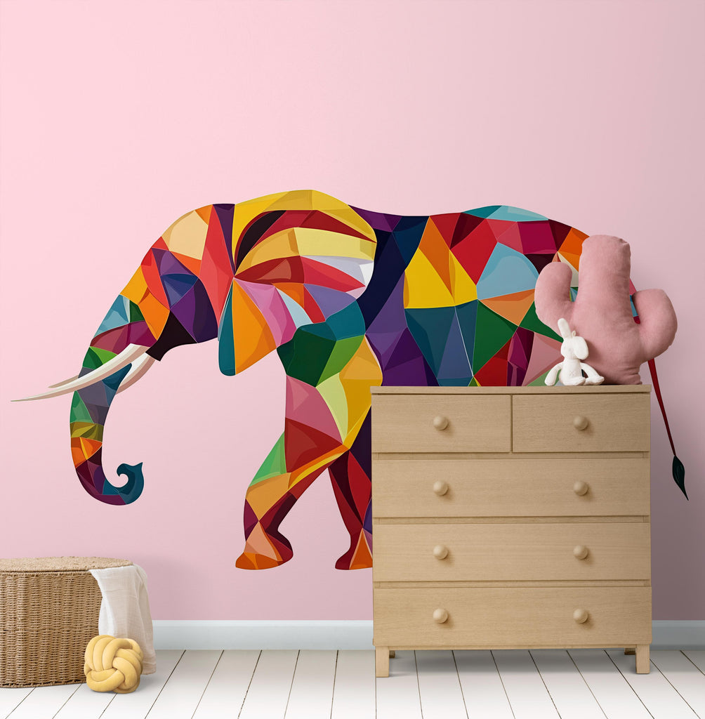 Geometric Elephant Wall Decal, Colorful Elephant Sticker, Safari Nursery Wall Art, Kids Room Animal Decor, Jungle Wall Mural, 196gm