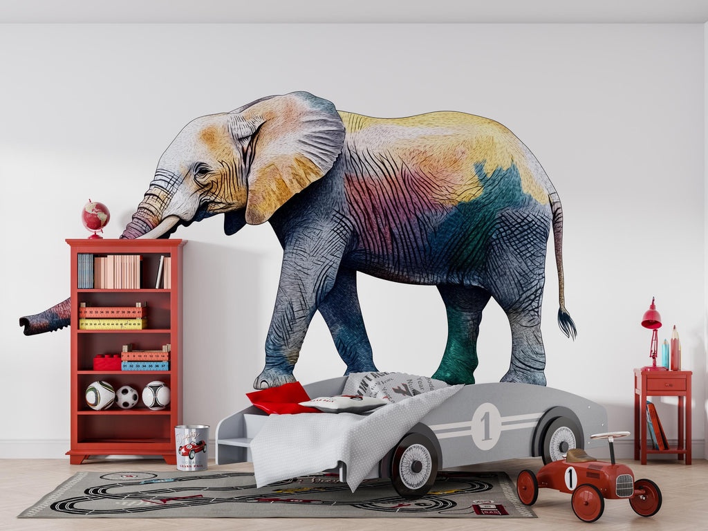 Colorful Elephant Wall Decal, Safari Animal Sticker, Kids Room Wall Art, Nursery Decor, Jungle Wall Mural, 197gm