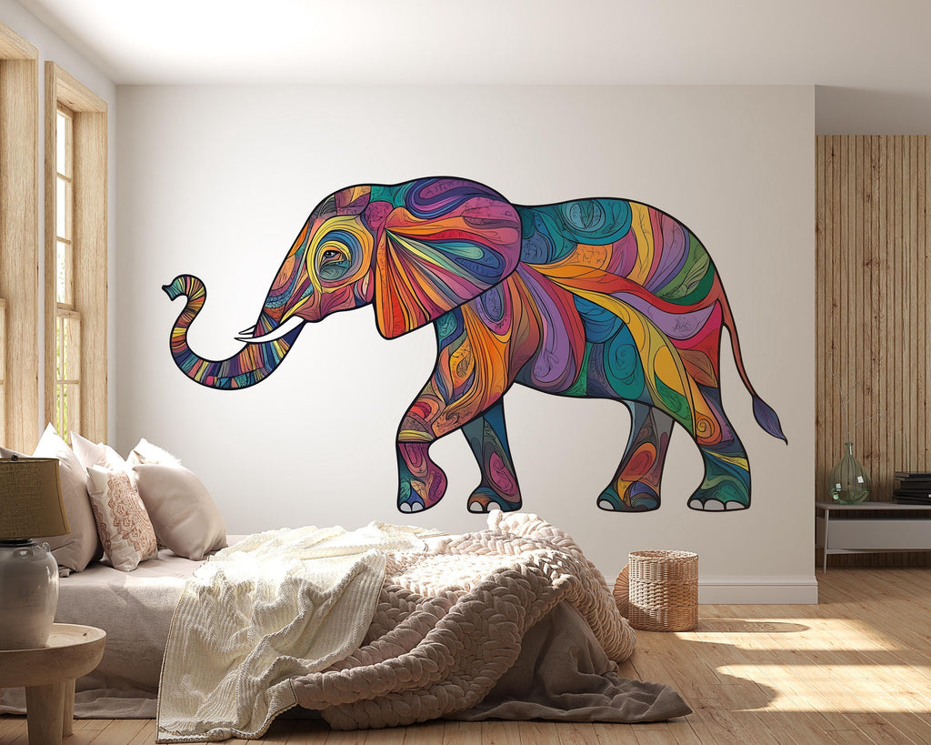 Colorful Elephant Wall Decal, Boho Elephant Sticker, Safari Animal Wall Art, Kids Room Decor, Nursery Wall Mural, 198gm