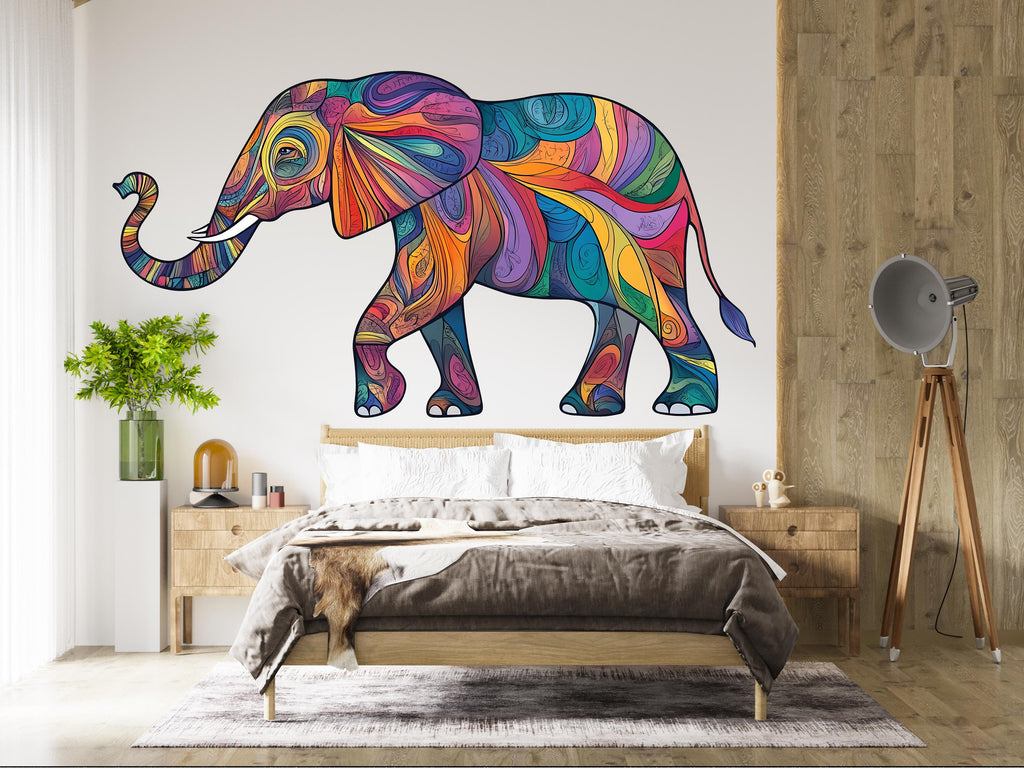 Colorful Elephant Wall Decal, Boho Elephant Sticker, Safari Animal Wall Art, Kids Room Decor, Nursery Wall Mural, 198gm
