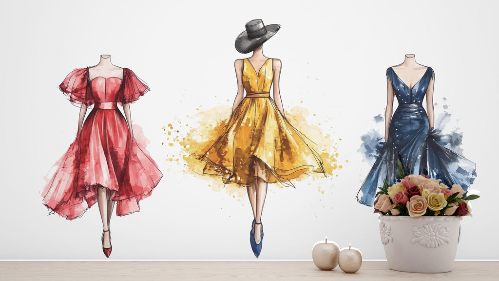 Fashion Dress Wall Decal Watercolor Women Wall Sticker Boutique Beauty Salon Decor Removable Bedroom Art, 054gm