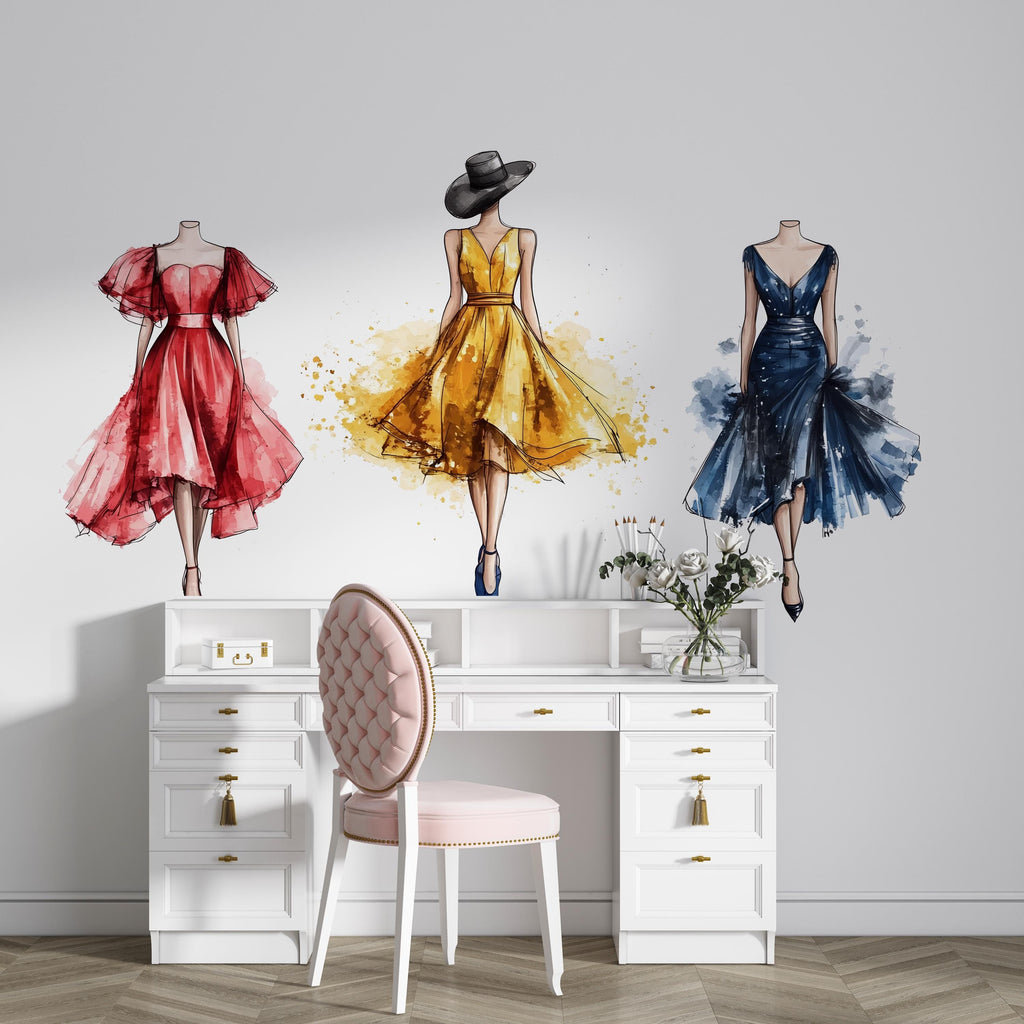Fashion Dress Wall Decal Watercolor Women Wall Sticker Boutique Beauty Salon Decor Removable Bedroom Art, 054gm