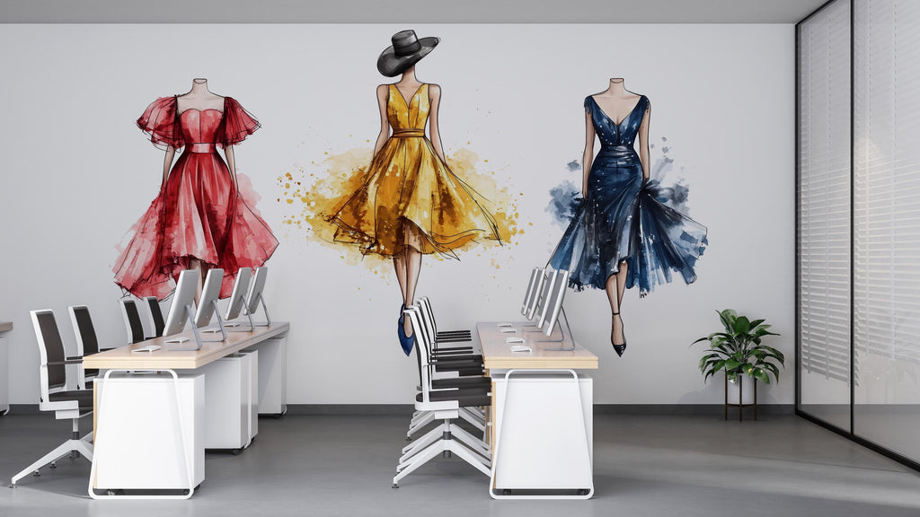 Fashion Dress Wall Decal Watercolor Women Wall Sticker Boutique Beauty Salon Decor Removable Bedroom Art, 054gm