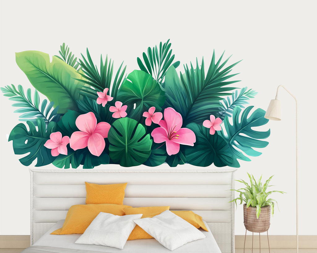 Tropical Wall Decal Pink Hibiscus Leaf Wall Sticker Large Jungle Floral Mural Removable Bedroom Decor, 060gm