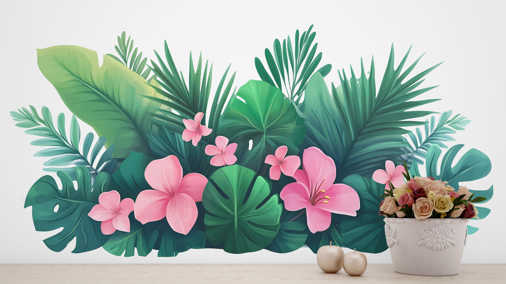 Tropical Wall Decal Pink Hibiscus Leaf Wall Sticker Large Jungle Floral Mural Removable Bedroom Decor, 060gm