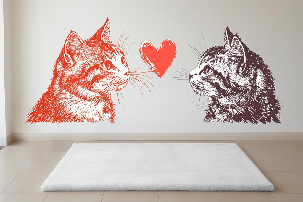 Cat Love Wall Decal Modern Cat Wall Sticker Romantic Bedroom Decor Removable Animal Art, 063gm