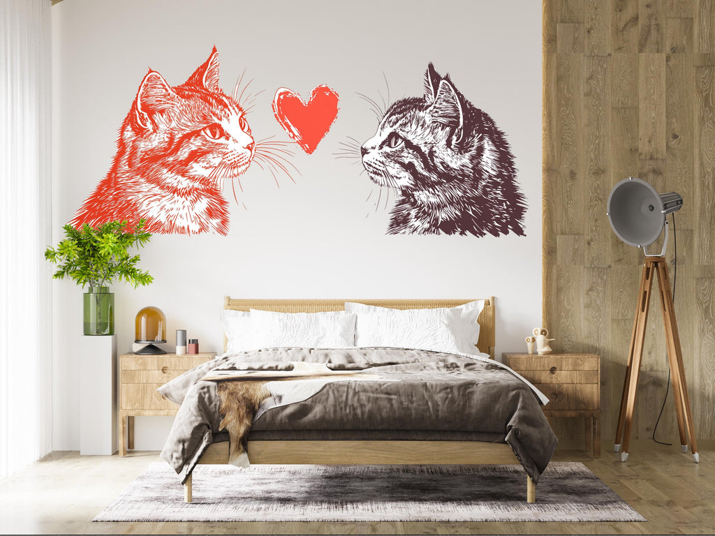 Cat Love Wall Decal Modern Cat Wall Sticker Romantic Bedroom Decor Removable Animal Art, 063gm
