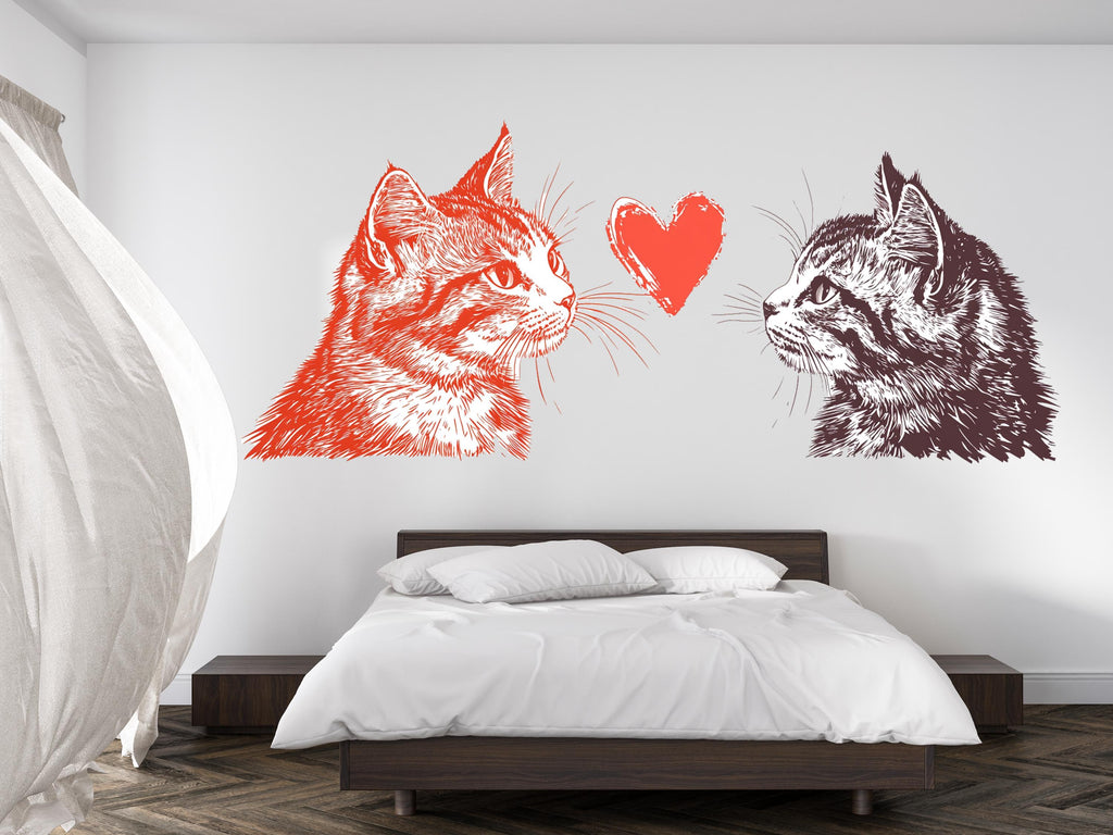 Cat Love Wall Decal Modern Cat Wall Sticker Romantic Bedroom Decor Removable Animal Art, 063gm