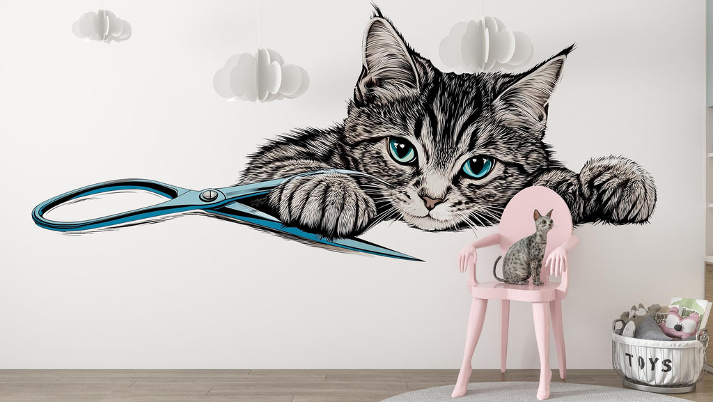 Tabby Cat Wall Decal Cute Kitten Wall Sticker Pet Grooming Salon Decor Kids Room Removable Animal Mural, 072gm