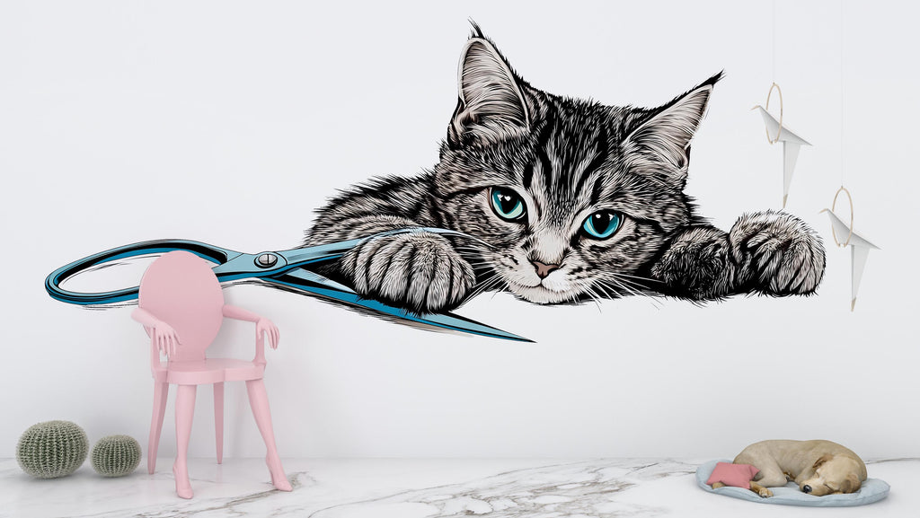 Tabby Cat Wall Decal Cute Kitten Wall Sticker Pet Grooming Salon Decor Kids Room Removable Animal Mural, 072gm