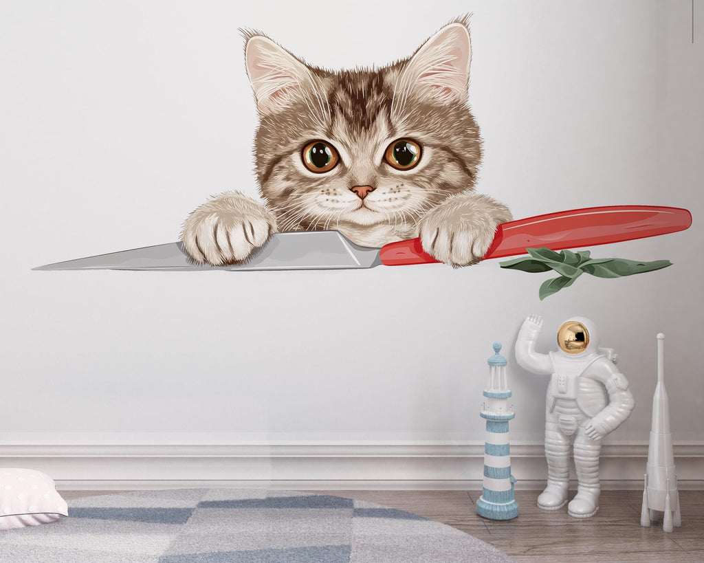 Cute Kitten Wall Decal Cat Kitchen Wall Sticker Chef Cat Decor Removable Animal Mural for Home, 074gm