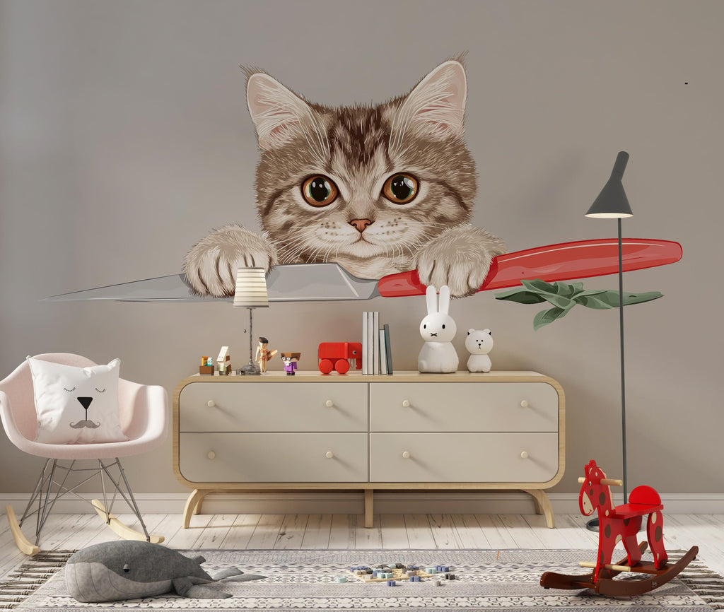 Cute Kitten Wall Decal Cat Kitchen Wall Sticker Chef Cat Decor Removable Animal Mural for Home, 074gm