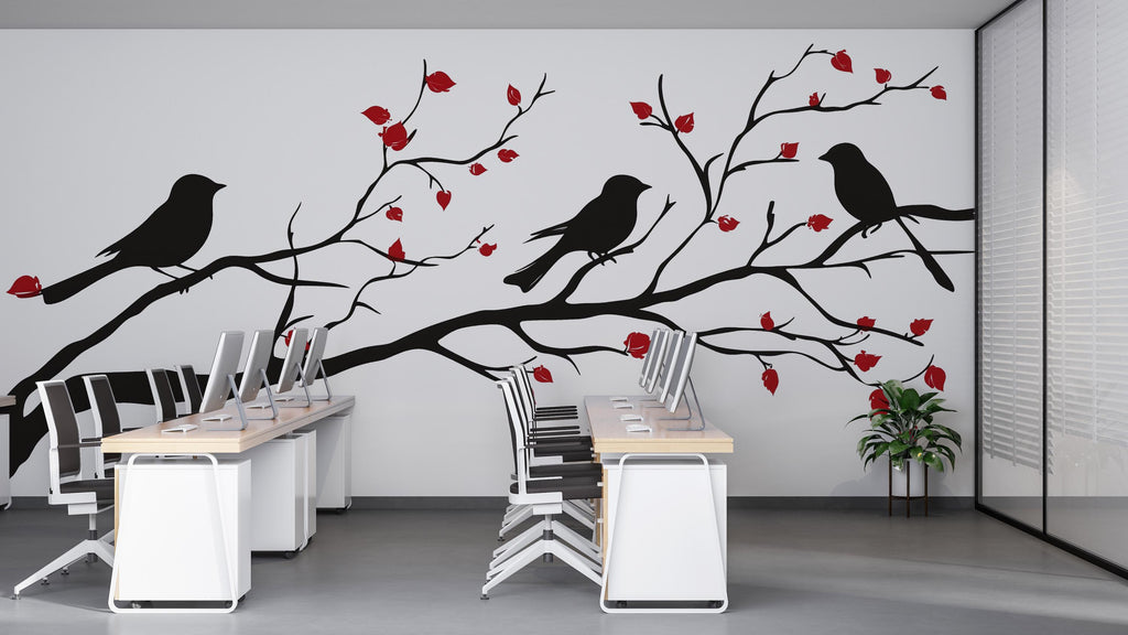 Birds on Branch Wall Decal Tree Wall Sticker Black Silhouette Wall Art Removable Nature Mural Home Office Decor, 076gm