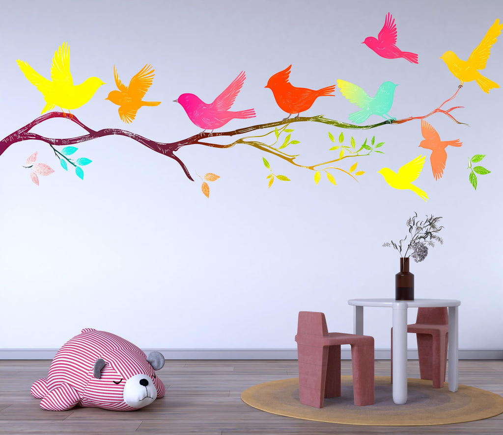 Flying Birds Wall Decal Colorful Nursery Wall Sticker Tree Branch Removable Animal Mural Kids Room Decor, 078gm