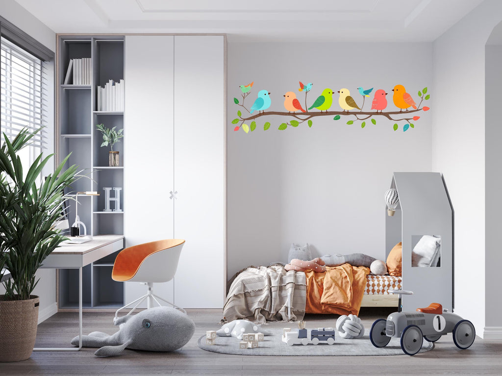 Colorful Birds on Branch Wall Decal Nursery Wall Sticker Kids Room Animal Wall Art Removable Mural Decor, 079gm
