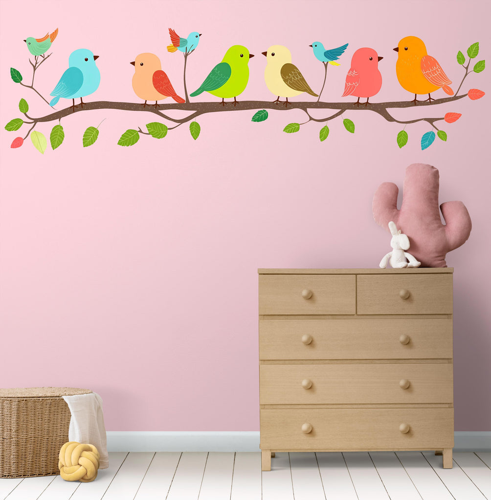 Colorful Birds on Branch Wall Decal Nursery Wall Sticker Kids Room Animal Wall Art Removable Mural Decor, 079gm