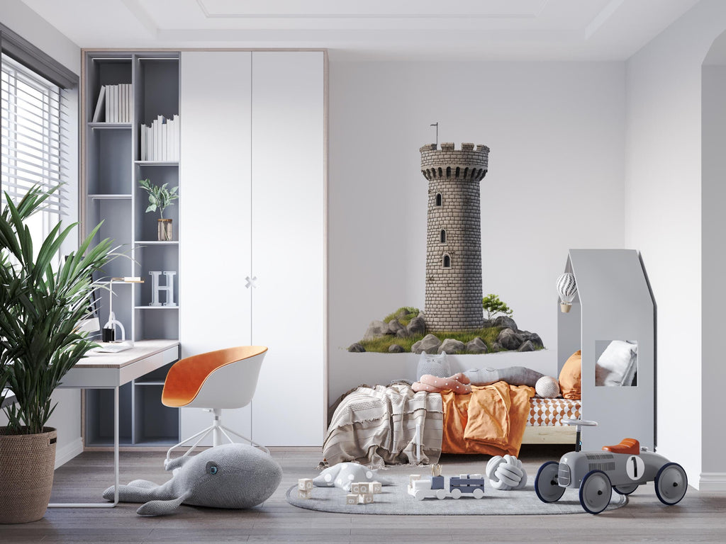 Castle Tower Wall Decal Medieval Stone Tower Wall Sticker Fantasy Nursery Removable Wall Mural Kids Room Decor, 080gm