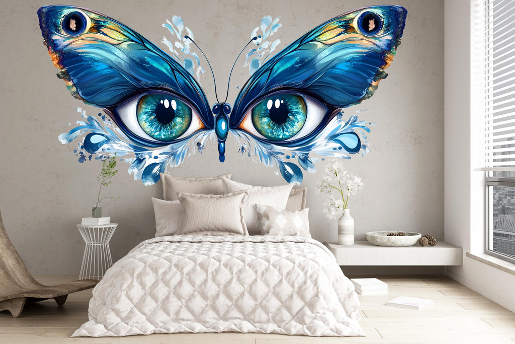 Blue Butterfly Eyes Wall Decal Abstract Wall Sticker Large Bedroom Mural Removable Modern Wall Art, 093gm
