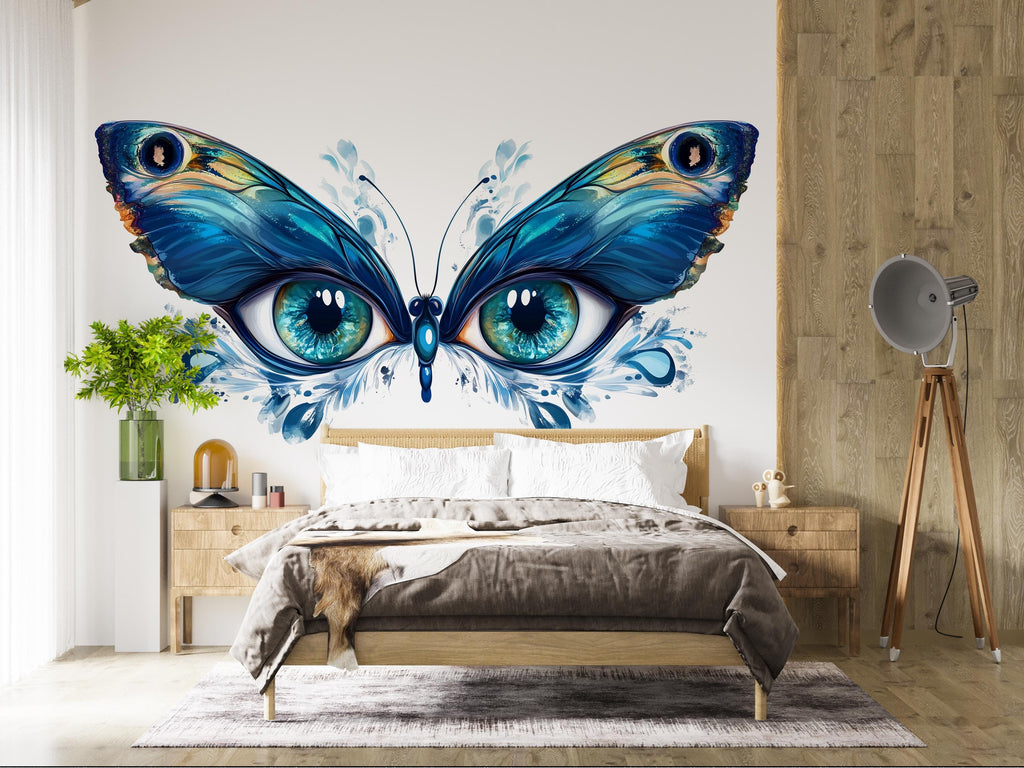 Blue Butterfly Eyes Wall Decal Abstract Wall Sticker Large Bedroom Mural Removable Modern Wall Art, 093gm