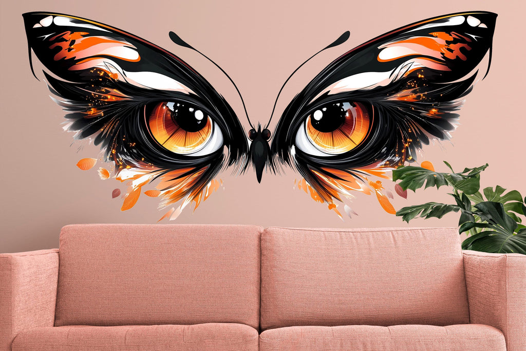 Orange Butterfly Eyes Wall Decal Abstract Gothic Wall Sticker Modern Living Room Removable Mural, 094gm