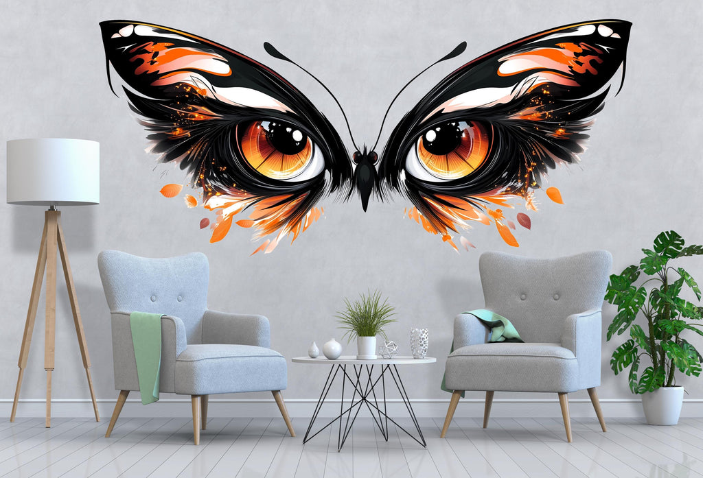 Orange Butterfly Eyes Wall Decal Abstract Gothic Wall Sticker Modern Living Room Removable Mural, 094gm