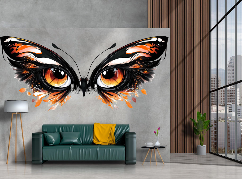 Orange Butterfly Eyes Wall Decal Abstract Gothic Wall Sticker Modern Living Room Removable Mural, 094gm