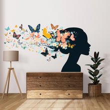 Load image into Gallery viewer, Butterfly Woman Wall Decal Floral Silhouette Wall Sticker Colorful Butterfly Mural Living Room Decor, 095gm