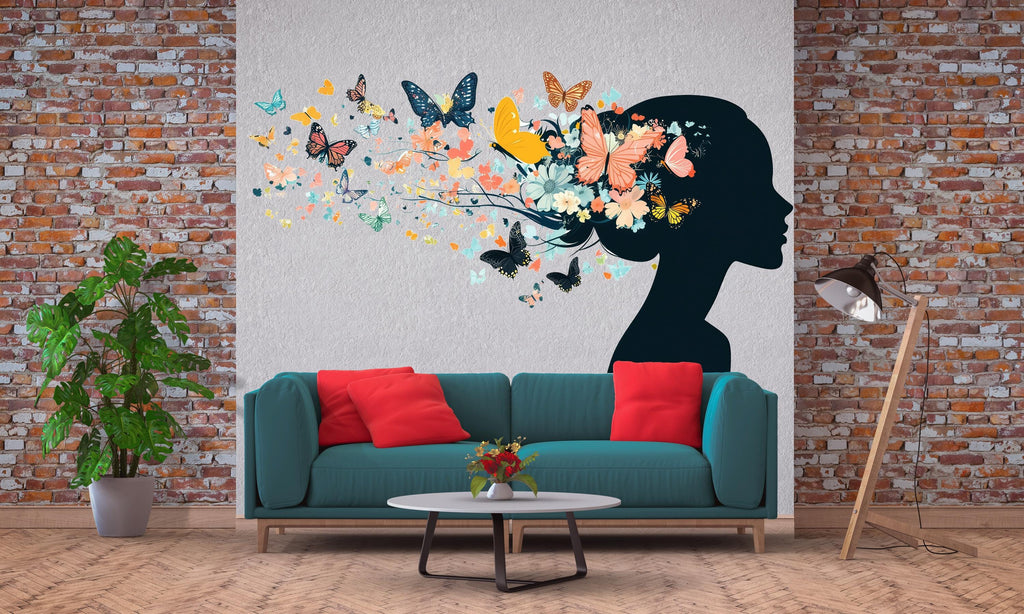 Butterfly Woman Wall Decal Floral Silhouette Wall Sticker Colorful Butterfly Mural Living Room Decor, 095gm