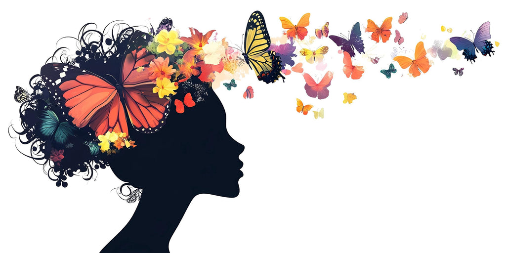 Butterfly Girl Wall Decal Floral Woman Silhouette Wall Sticker Colorful Butterfly Mural Living Room Decor, 096gm
