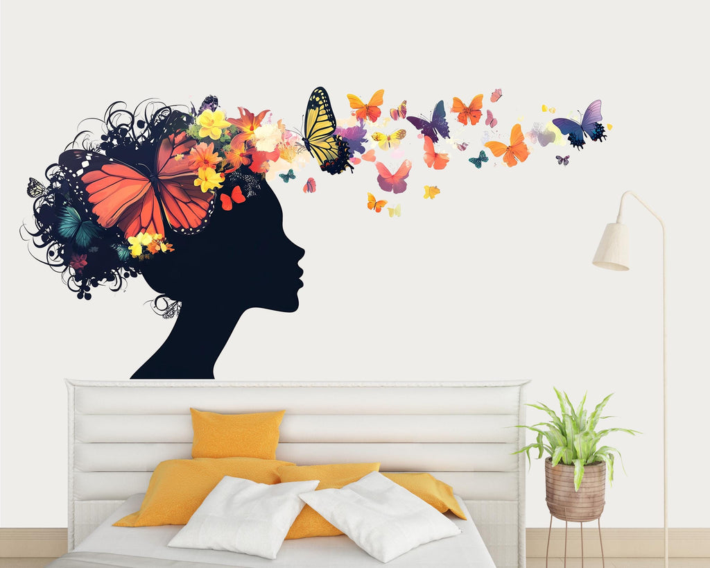 Butterfly Girl Wall Decal Floral Woman Silhouette Wall Sticker Colorful Butterfly Mural Living Room Decor, 096gm