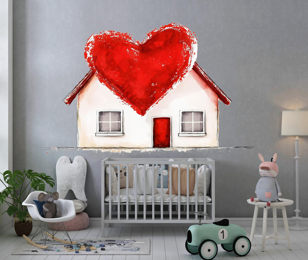 Heart House Wall Decal Romantic Home Wall Sticker Love House Mural Valentine Bedroom Decor, 098gm