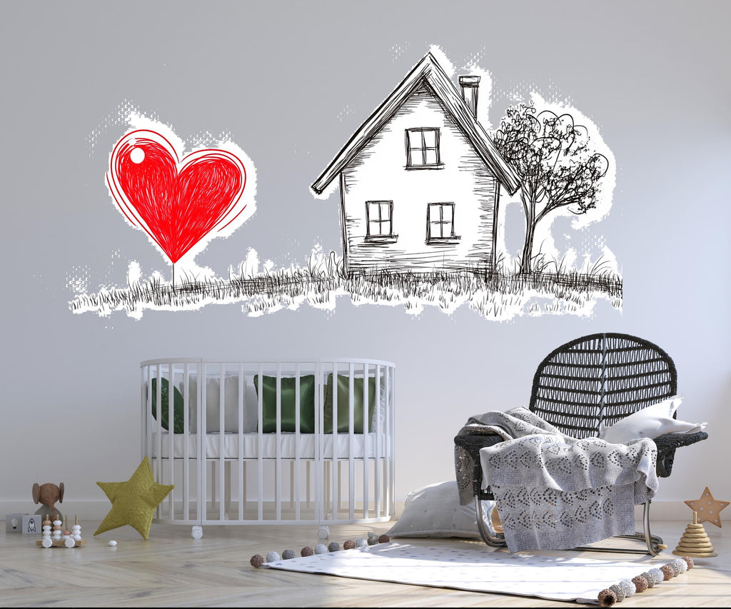 Love Home Wall Decal Red Heart House Wall Sticker Romantic Minimalist Wall Art Bedroom Decor, 099gm