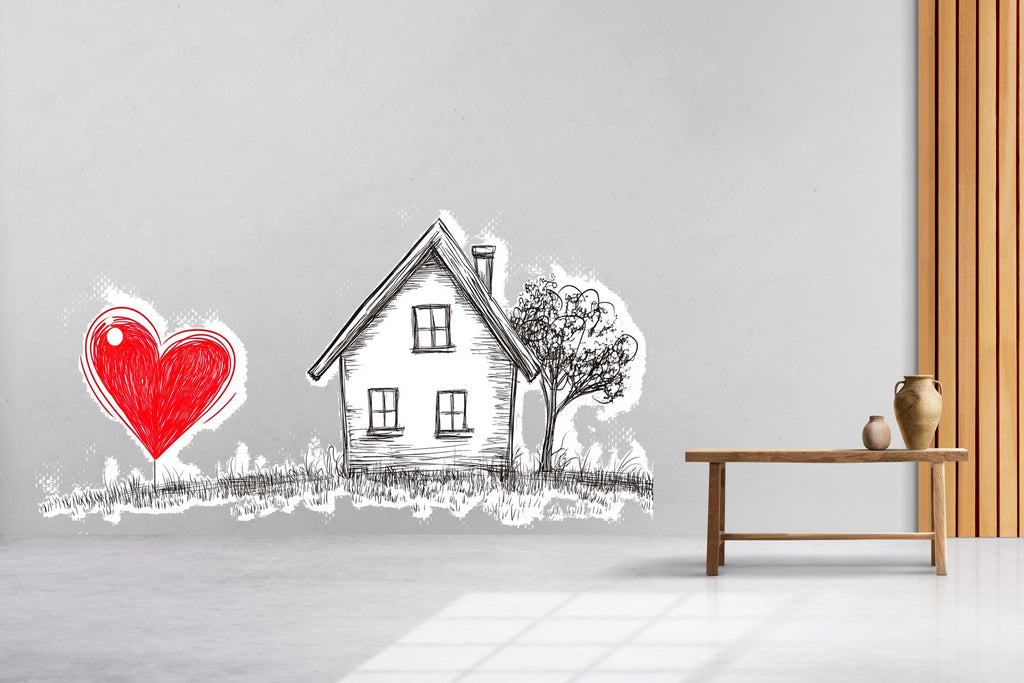 Love Home Wall Decal Red Heart House Wall Sticker Romantic Minimalist Wall Art Bedroom Decor, 099gm