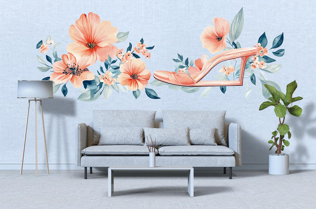 Floral High Heel Wall Decal Fashion Wall Sticker Pink Flower Shoe Mural Girl Room Decor, 100gm