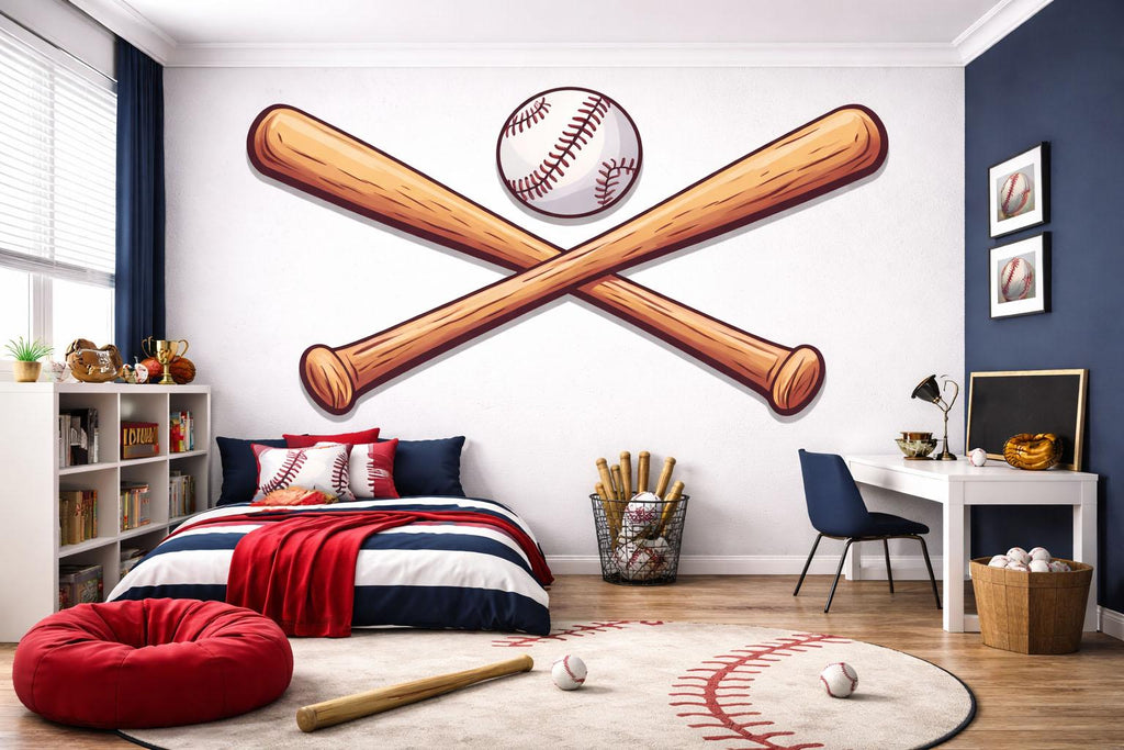 Baseball Wallpaper Crossed Baseball Bats Wall Decal Sports Wall Mural Peel And Stick Wallpaper Boys Baseball Room Decor Kids Sports Bedroom