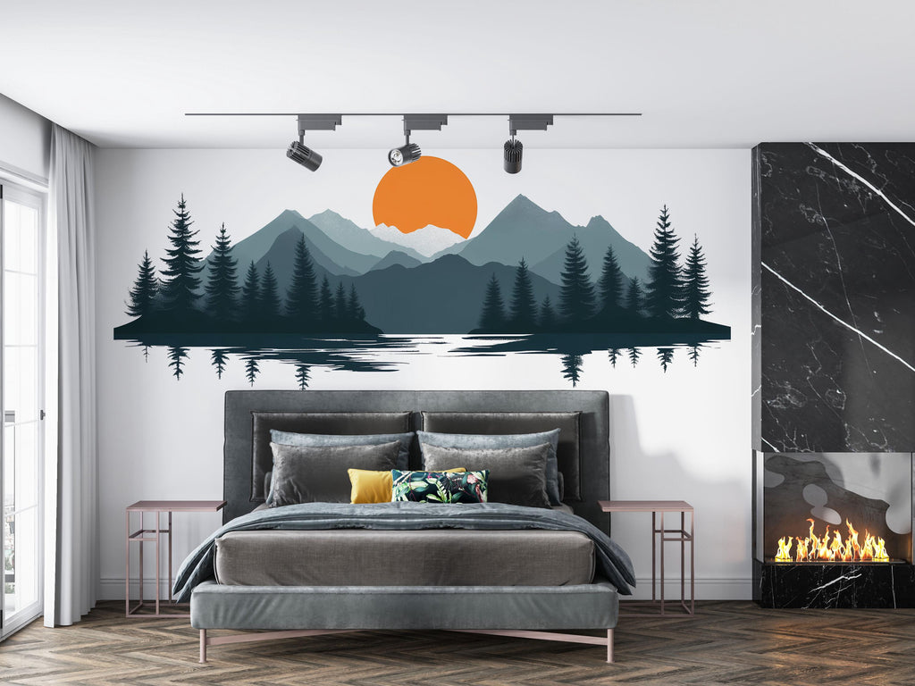 Mountain Lake Wallpaper Sunset Wall Decal Nature Wall Mural Peel And Stick Wallpaper Living Room Bedroom Landscape Reflection Wall Decor